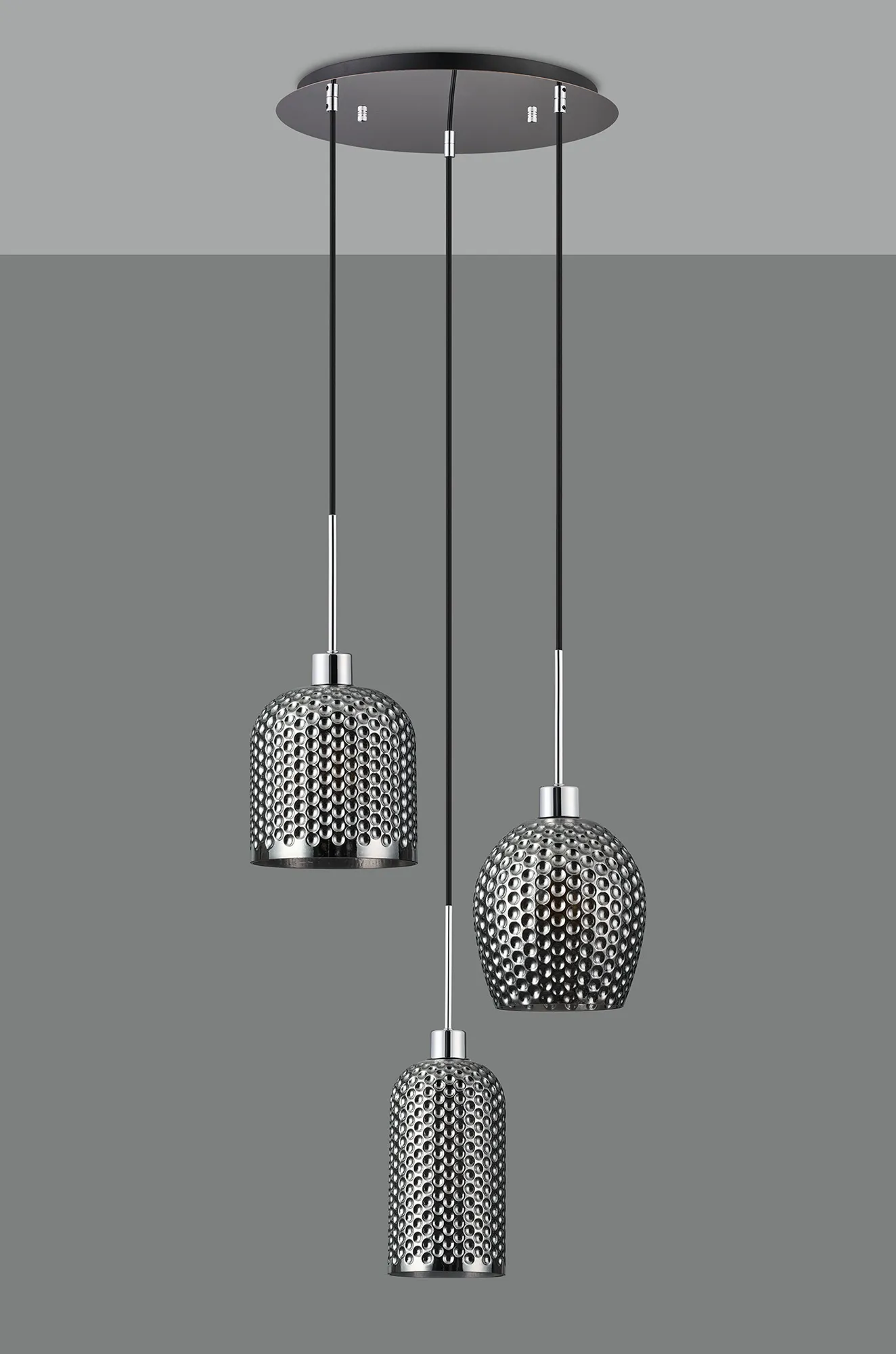 Lori 40cm Round Pendant, 3 Light Adjustable E27, Polished Chrome/Matt Grey Various Patterned & Wine Shades DK1280  Deco Lori Polished Chrome